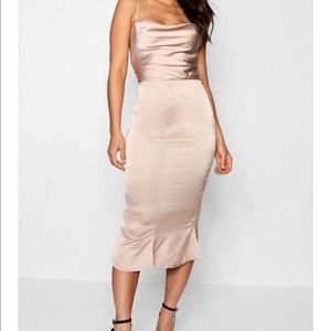 Satin Cowl Neck Lace Up Fish Tail Midi Dress
